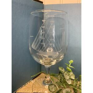 Javit Crystal Clipper Ship Etched Wine Glass Vintage Nautical Coastal